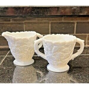Vintage Westmoreland White Milk Glass Cream and Sugar Set: Bramble Maple Leaf